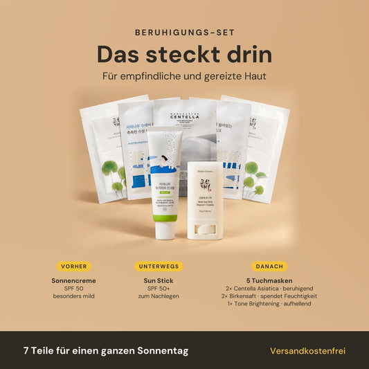 Beruhigungs-Set – das steckt drin: milde Sonnencreme SPF 50, Sun Stick SPF 50+, 2× Beauty of Joseon Centella Asiatica, 2× Round Lab Birkensaft und 1× Tone Brightening Tuchmaske