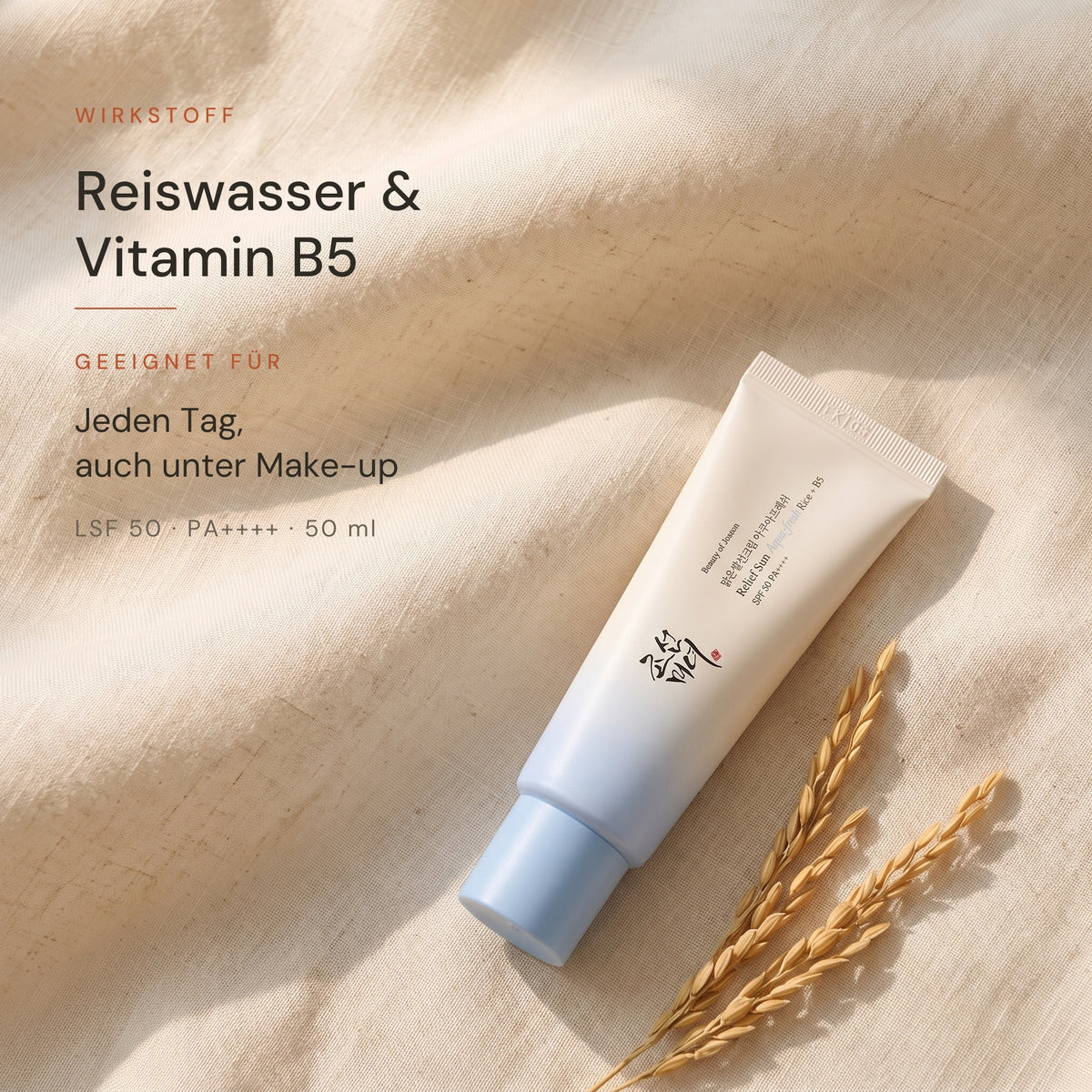 Beauty of Joseon Relief Sun Aqua-Fresh auf hellem Leinen mit Reisähren, Hinweis auf Reiswasser und Vitamin B5, LSF 50 PA++++