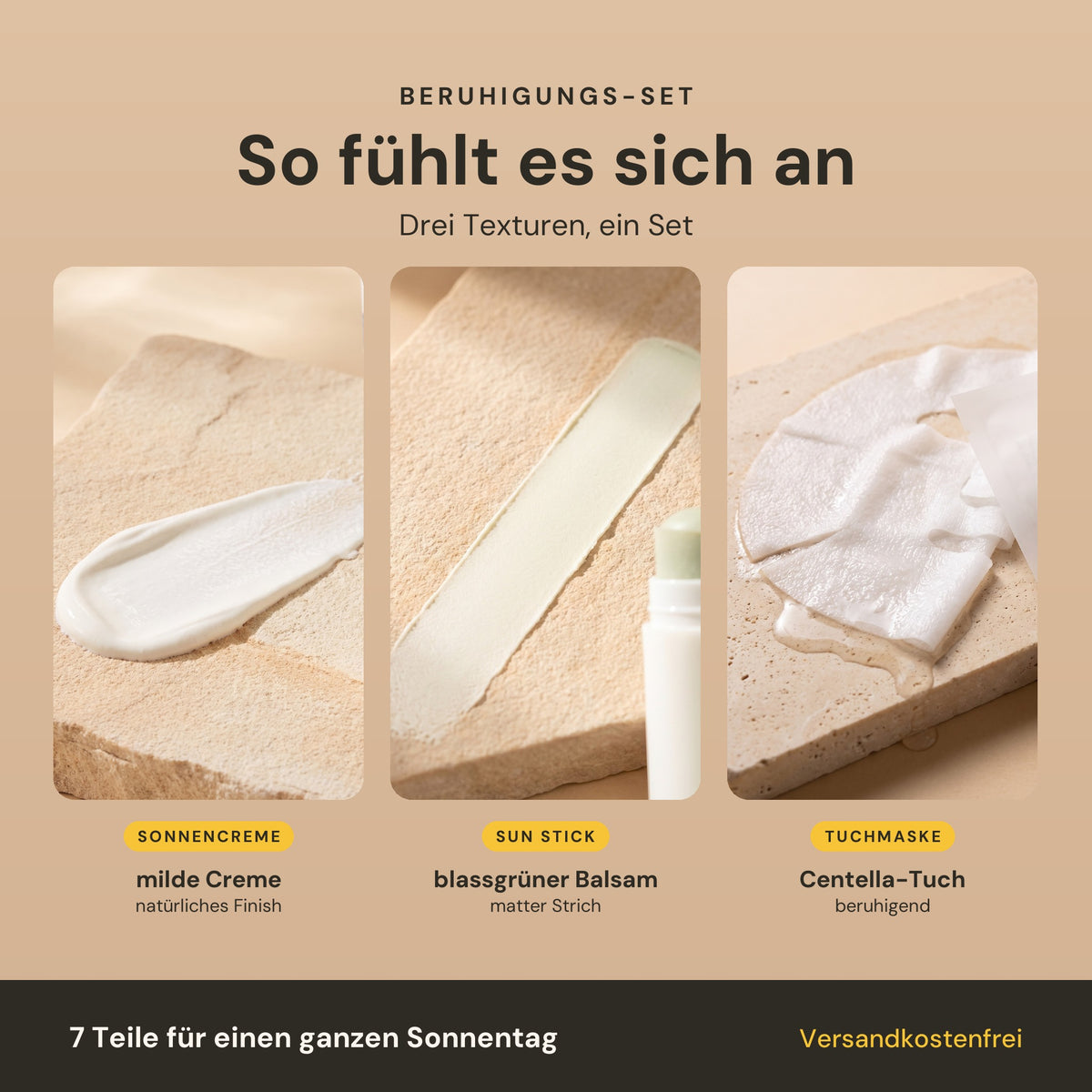 So fühlt sich das Beruhigungs-Set an: milde Sonnencreme, blassgrüner Balsam des Sun Sticks und das beruhigende Centella-Tuch
