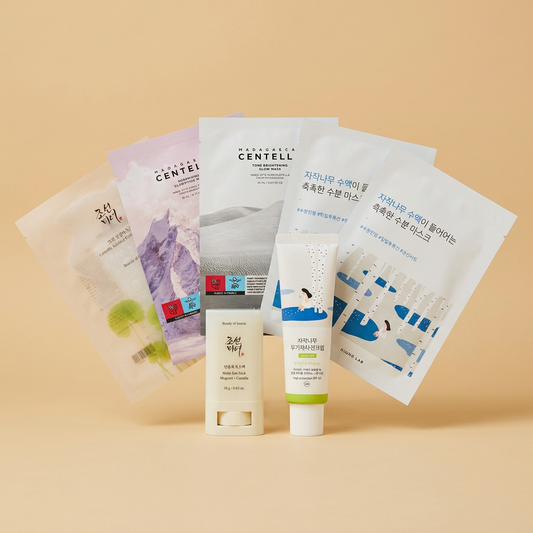 Beruhigungs-Set: milde Sonnencreme, Sun Stick und fünf Tuchmasken
