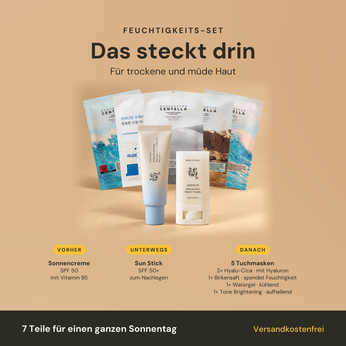 Feuchtigkeits-Set – das steckt drin: Sonnencreme SPF 50, Sun Stick SPF 50+, 2× Hyalu-Cica, 1× Round Lab Birkensaft, 1× Watergel und 1× Tone Brightening Tuchmaske