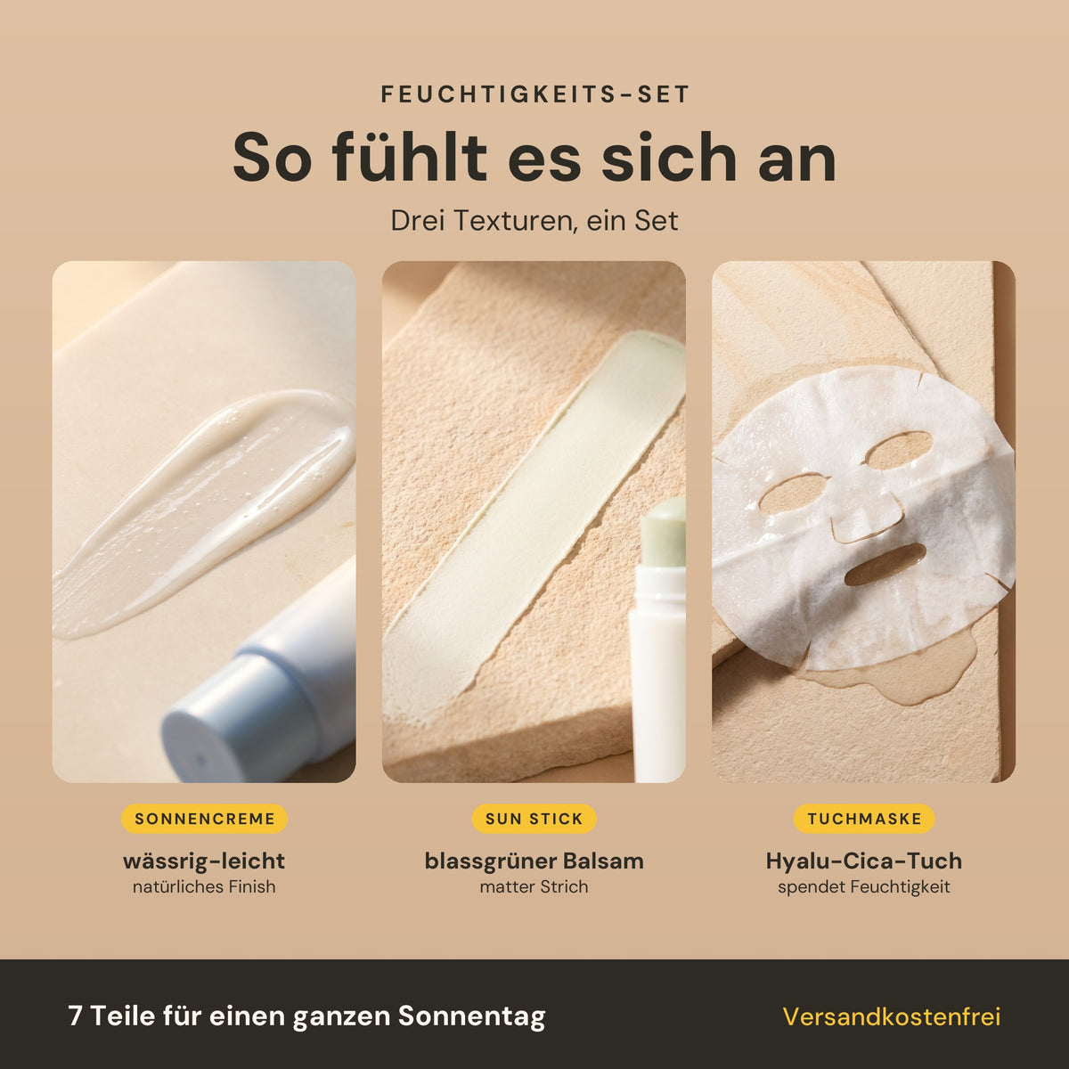 So fühlt sich das Feuchtigkeits-Set an: wässrig-leichte Sonnencreme, blassgrüner Balsam des Sun Sticks und das nasse Hyalu-Cica-Tuch