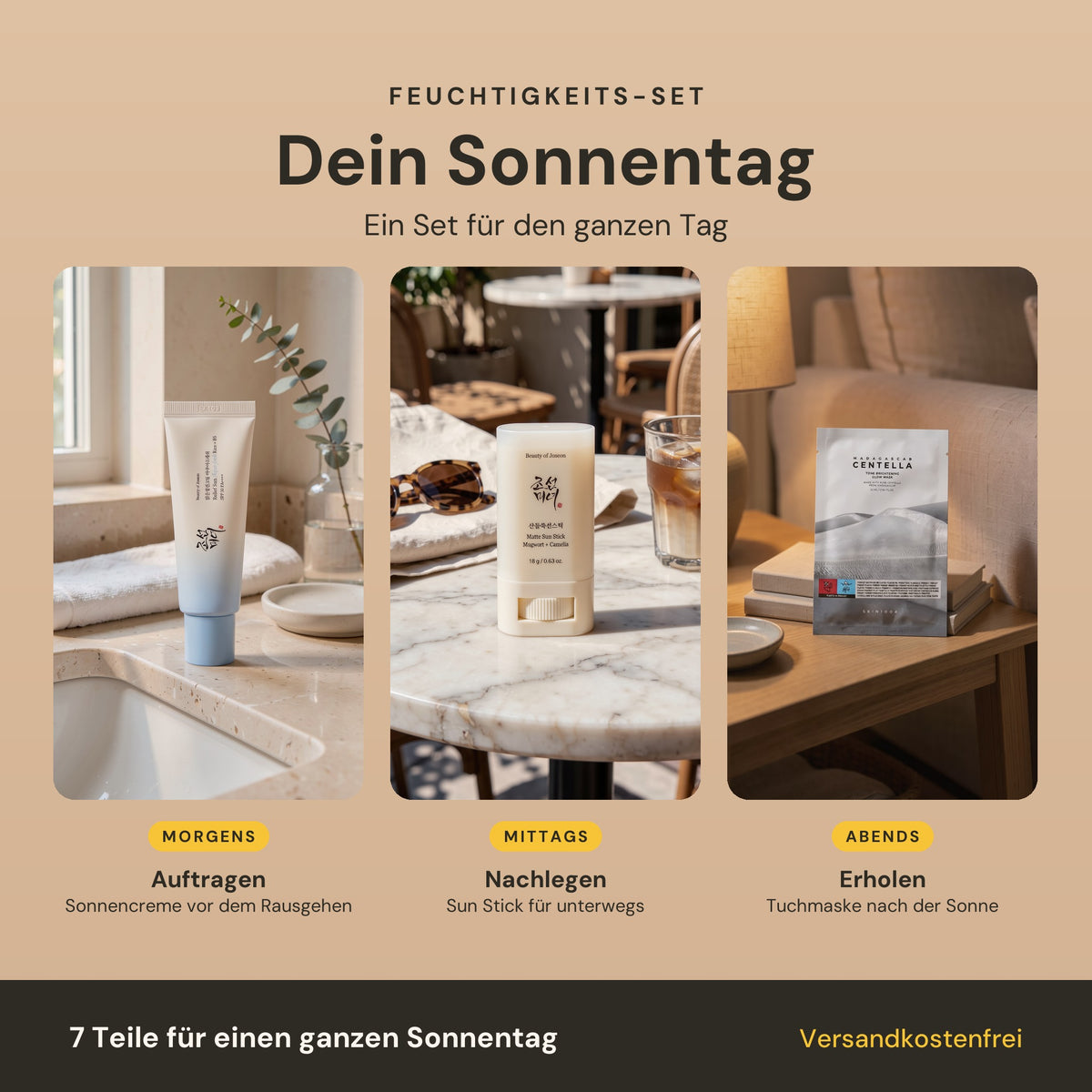 Dein Sonnentag mit dem Feuchtigkeits-Set: morgens Sonnencreme im Bad, mittags Sun Stick im Café, abends Tuchmaske auf dem Sofa