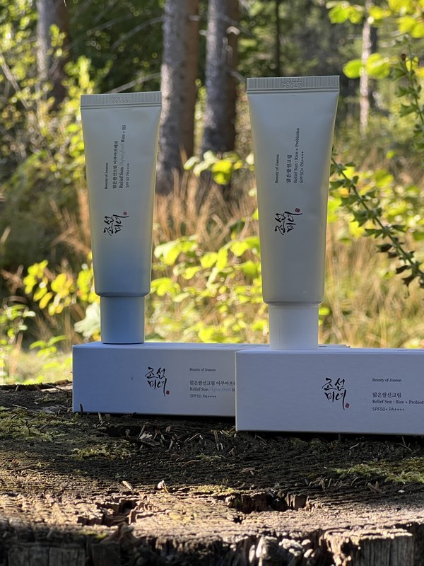 Zwei Tuben Beauty of Joseon Relief Sun mit Karton auf einem Baumstumpf im Wald
