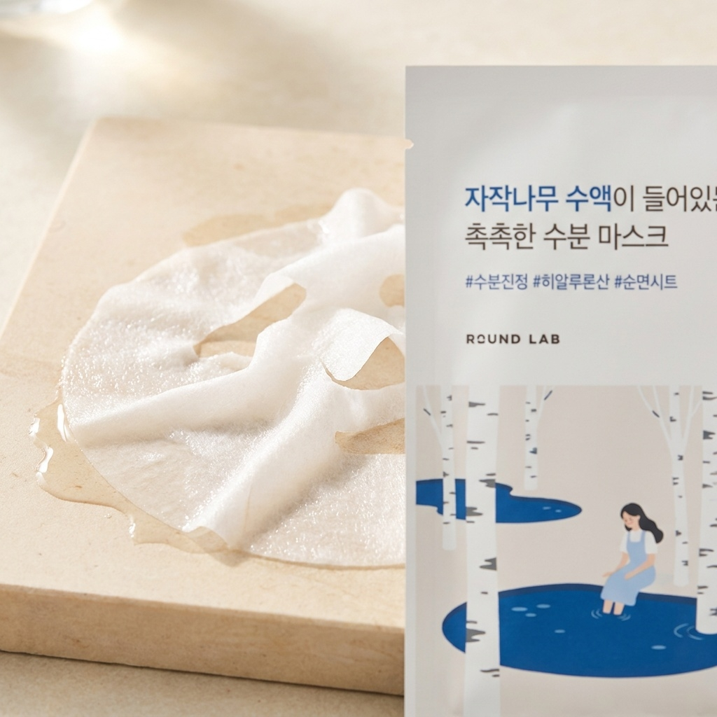 Nasses Tuch der Round Lab Birch Juice Maske auf hellem Stein, Sachet angeschnitten daneben