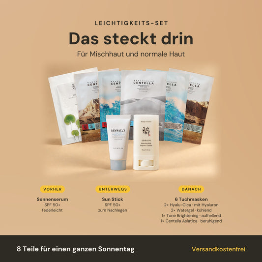 Leichtigkeits-Set – das steckt drin: Sonnenserum SPF 50+, Sun Stick SPF 50+, 2× Hyalu-Cica, 2× Watergel, 1× Tone Brightening und 1× Beauty of Joseon Centella Asiatica Tuchmaske