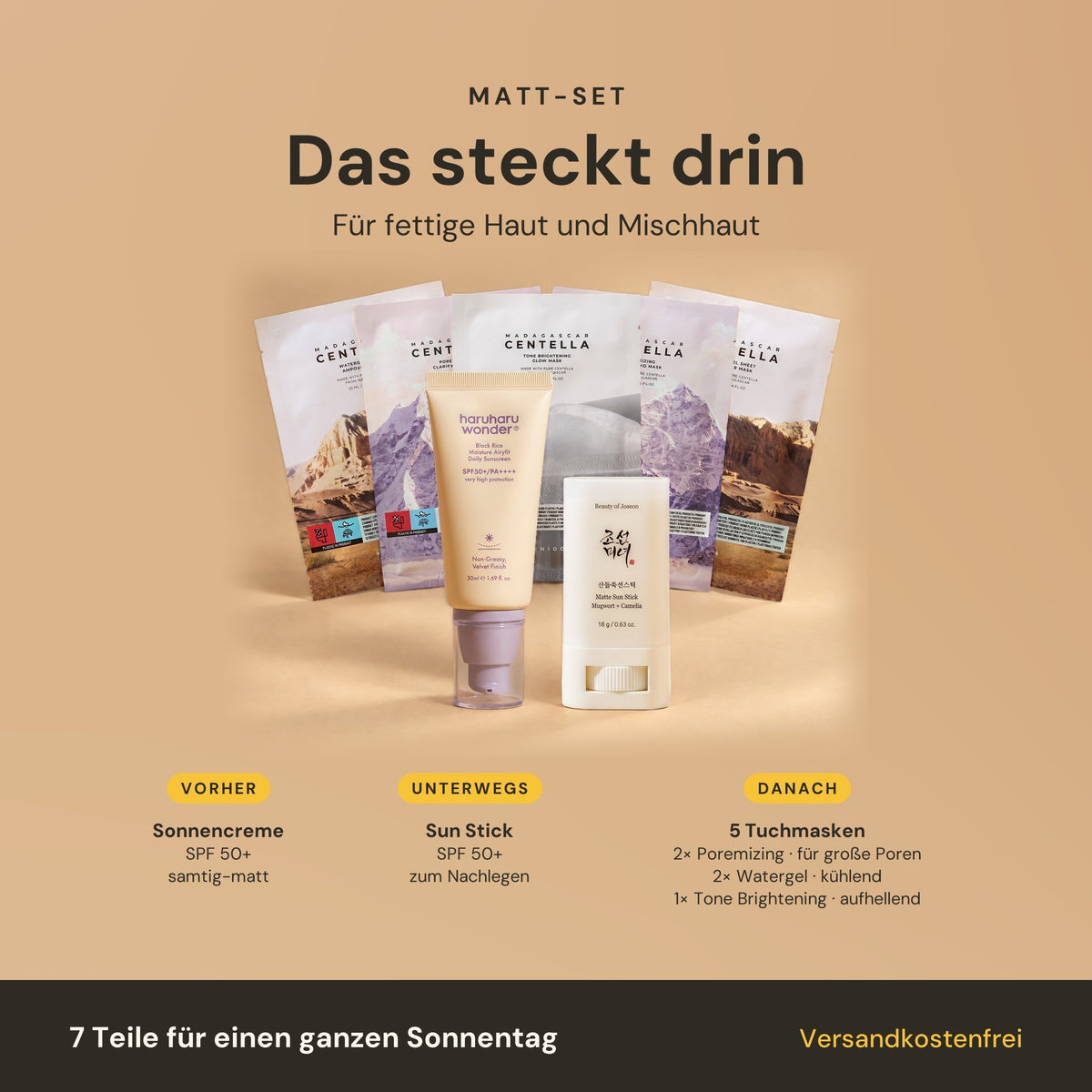 Matt-Set – das steckt drin: Sonnencreme SPF 50+, Sun Stick SPF 50+, 2× Poremizing, 2× Watergel und 1× Tone Brightening Tuchmaske