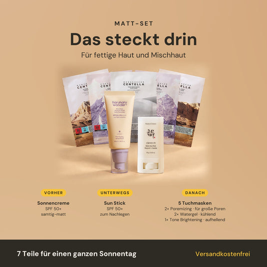 Matt-Set – das steckt drin: Sonnencreme SPF 50+, Sun Stick SPF 50+, 2× Poremizing, 2× Watergel und 1× Tone Brightening Tuchmaske