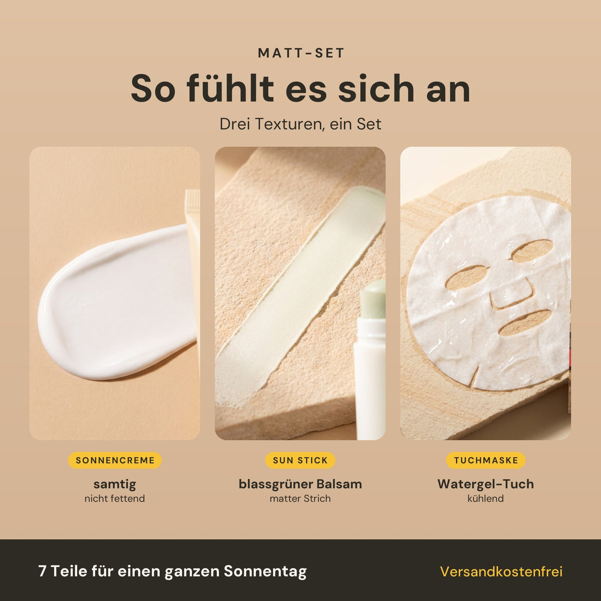 So fühlt sich das Matt-Set an: samtige Sonnencreme, blassgrüner Balsam des Sun Sticks und das nasse Watergel-Tuch