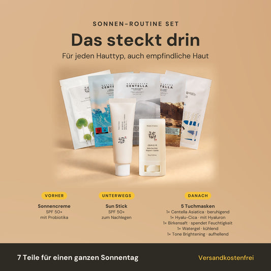 Sonnen-Routine Set – das steckt drin: Sonnencreme SPF 50+, Sun Stick SPF 50+ und je 1× Centella Asiatica, Hyalu-Cica, Birkensaft, Watergel und Tone Brightening Tuchmaske