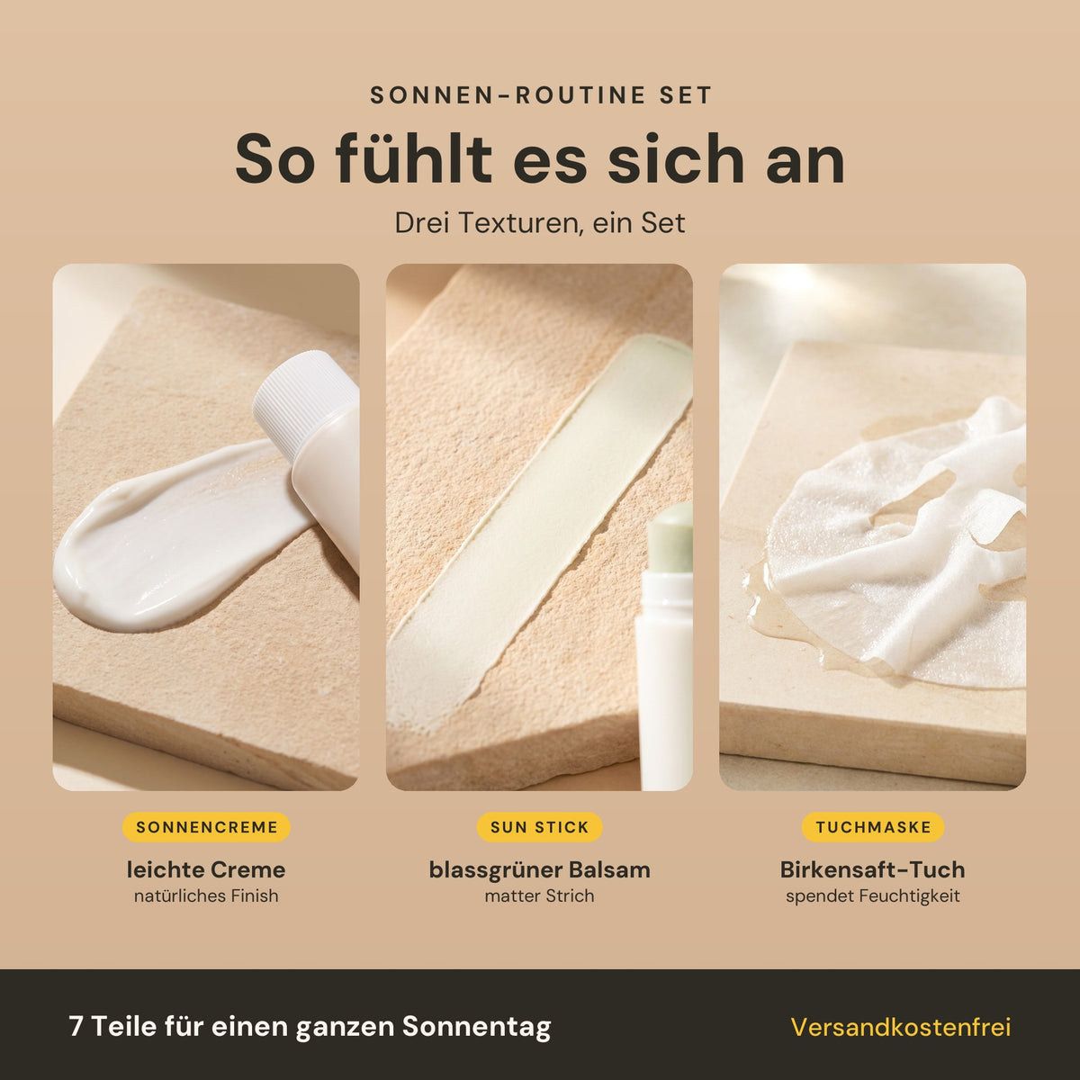 So fühlt sich das Sonnen-Routine Set an: leichte Sonnencreme, blassgrüner Balsam des Sun Sticks und das Birkensaft-Tuch