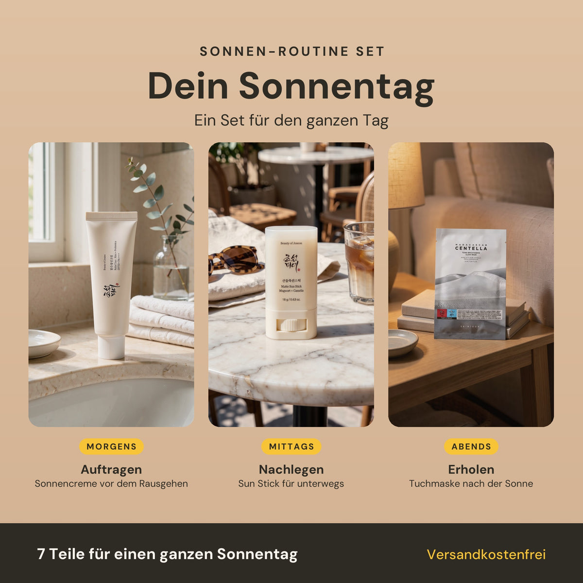 Dein Sonnentag mit dem Sonnen-Routine Set: morgens Sonnencreme im Bad, mittags Sun Stick im Café, abends Tuchmaske auf dem Sofa
