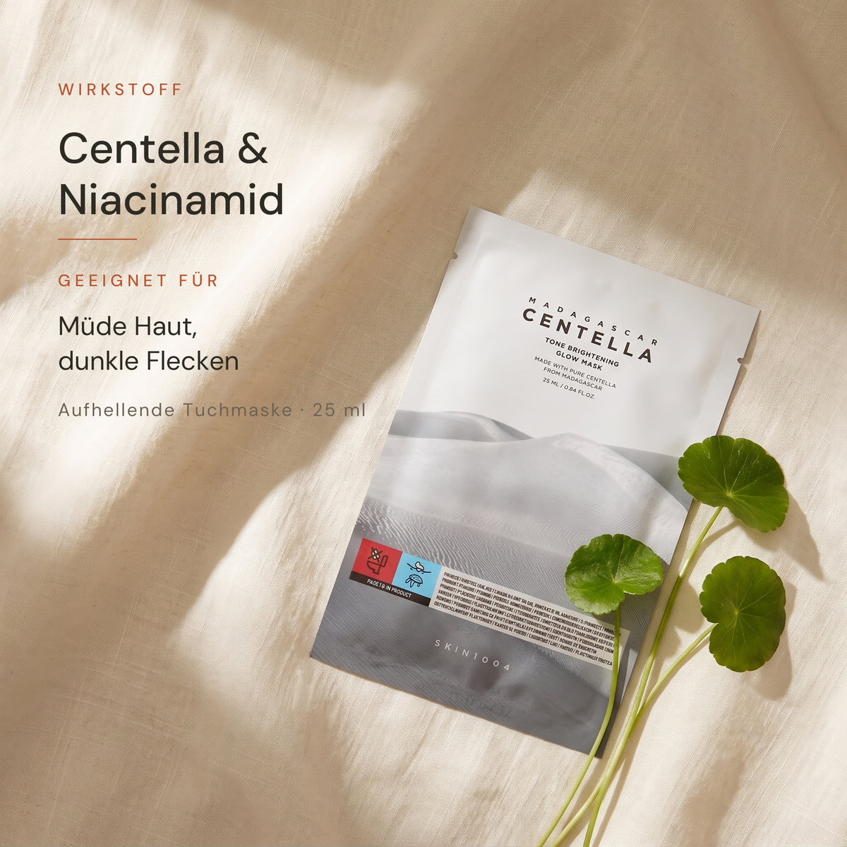 SKIN1004 Tone Brightening Glow Mask mit Wirkstoffangabe Centella und Niacinamid, geeignet für müde Haut und dunkle Flecken